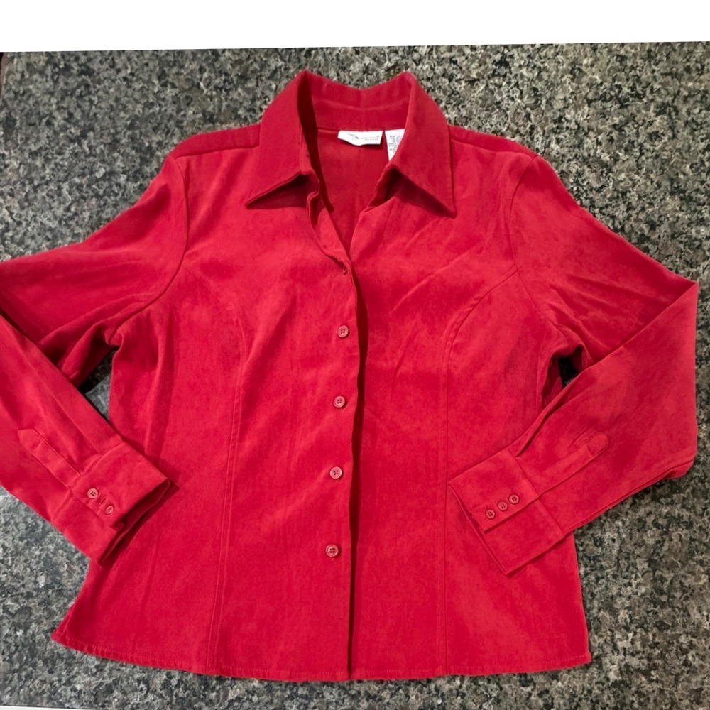 Croft & Barrow Petite Red Faux Suede Stretch Button Down Shirt PXL Long Sleeve
